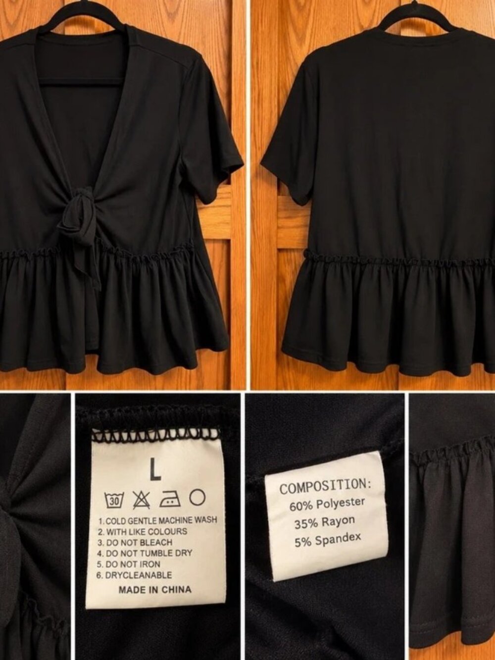 Black Tie-Front Peplum Blouse